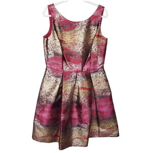 NICOLE MILLER Women Christmas Holiday Dress Large Metallic Gold Red Wide Straps